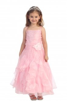Pink Jeweled Bodice Ruffle Layered Organza Flower Girl Dress