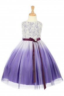 Purple Rosett Detail Ombre Printed Tulle Flower Girl Dress