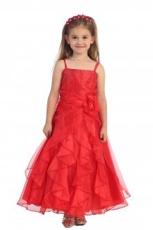 Red Jeweled Bodice Ruffle Layered Organza Flower Girl Dress