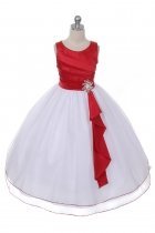 Red/White Satin Surplice Top with Double Layer Tulle Flower Girl Dress