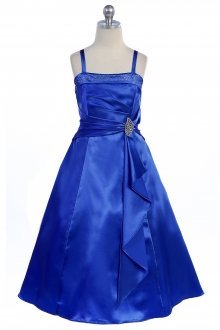 Royal Blue Brilliant Satin Rufflel Detail A-line Flower Girl Dress with Sparkles
