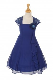Royal Blue Lace Ruffled Chiffon Dress with Eyelid Lace Back Flower Girl Dress