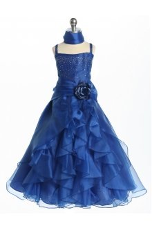 Royal blue Layered Organza A-line Flower Girl Dress with sparkles