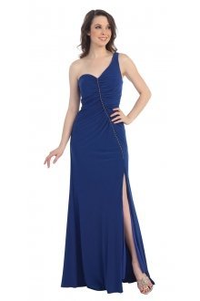 Royal Blue Side Slit Full Length One Shoulder Gown