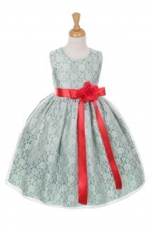 Sage/Red Elegant Lace Flower Girl Dress
