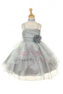 Silver Asymmetric Layered Ruffle Flower Girl Dress