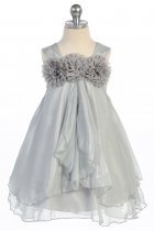 Silver Beautiful Shiny Chiffon Dress With Three Chiffon Flower Trim