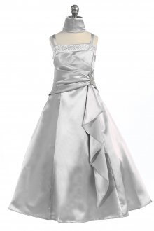 Silver Brilliant Satin Rufflel Detail A-line Flower Girl Dress with Sparkles