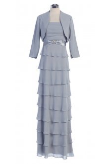 Silver Chiffon Spargethi Strap Pleated Bodice & Mutiple Layered Long Skirt Prom Dress with Bolero Jacket Silver Chiffon Spargethi Strap Pleated Bodice & Mutiple Layered Long Skirt Prom Dress with Bolero Jacket
