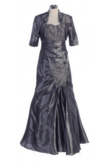 Silver Embroidered Taffeta Strapless Gathered A-line Dress with Bolero Silver Embroidered Taffeta Strapless Gathered A-line Dress with Bolero