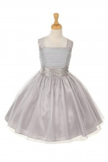 Silver Shinny Studded Dress With Rainbow Rhinestone Flower Girl Dress
