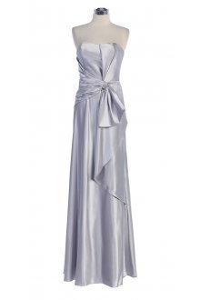 Silver Shiny Bridal Satin Strapless Bows & Ruffle Detail Long Brides Dress Silver Shiny Bridal Satin Strapless Bows & Ruffle Detail Long Brides Dress