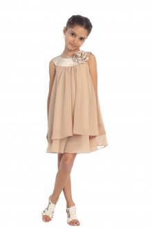 Taupe Satin bib necklin & chiffon A-line flower girl dress
