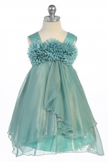 Teal Beautiful Shiny Chiffon Dress With Three Chiffon Flower Trim