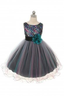 Teal Blue Multi-Sequin Trio Color Tulle Flower Girl Dress