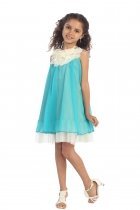 Turquoise Chiffon Short Flower Girl Dress with ruffled flower neckline