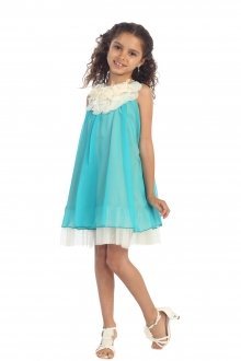 Turquoise Chiffon Short Flower Girl Dress with ruffled flower neckline