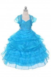 Turquoise Extravagent Organza Pageant Dress with Lace & Beads