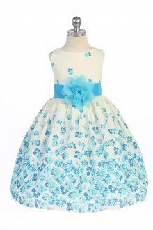Turquoise Flower Printed Sleeveless Cotton Daisy Flower Girl Dress