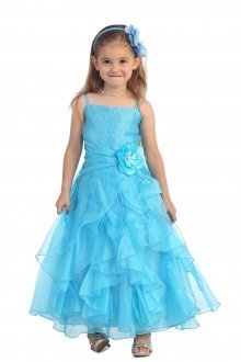 Turquoise Jeweled Bodice Ruffle Layered Organza Flower Girl Dress