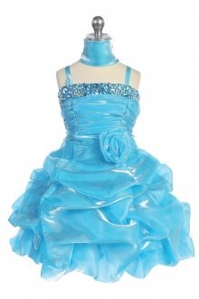 Turquoise Shiny Organza Ruched Pick up Short Dress with Pearl Beading
