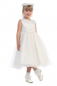 White Lace Accented Satin Bodice with Tulle Pretty Girl Dress