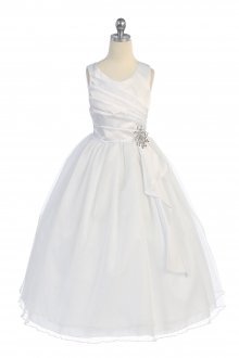 White Satin Surplice Top with Double Layer Tulle Flower Girl Dress