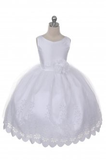 White Sleeveless Taffeta and Tulle Flower Girl Dress