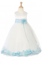 White/Baby Blue Sleeveless Satin Flower Petal Flower Girl Dress with Sash
