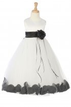 White/Black Sleeveless Satin Flower Petal Flower Girl Dress with Sash