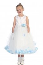 White/Blue Sleeveless Satin Flower Petal Flower Girl Dress