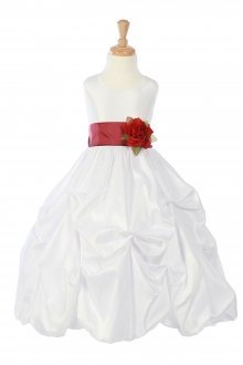White/Burgundy Taffeta Pick Up Flower Girl Dress with Sash