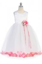 White/Fuchsia Satin Flower Petal Flower Girl Dress