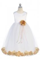 White/Gold Sleeveless Satin Flower Petal Flower Girl Dress