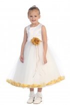 White/Gold Sleeveless Satin Flower Petal Flower Girl Dress