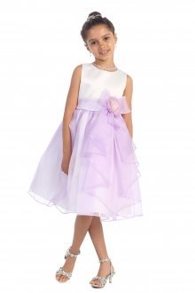 White/Lilac Satin and Organza Ruffled Flower Girl Dress