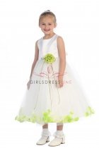 White/Lime Sleeveless Satin Flower Petal Flower Girl Dress