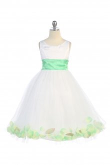 White/Mint Satin & Tulle Flower Girl Dress with Petals & Sash