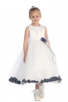 White/Navy Blue Sleeveless Satin Flower Petal Flower Girl Dress