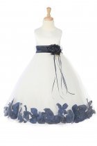 White/Navy Blue Sleeveless Satin Flower Petal Flower Girl Dress with Sash
