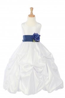 White/Navy Taffeta Pick Up Flower Girl Dress with Sash