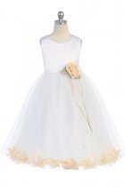 White/Peach Sleeveless Satin Flower Petal Flower Girl Dress