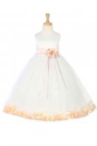 White/Peach Sleeveless Satin Flower Petal Flower Girl Dress with Sash