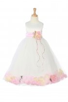 White/Pink Sleeveless Satin Flower Petal Flower Girl Dress with Sash