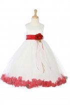 White/Red Sleeveless Satin Flower Petal Flower Girl Dress with Sash