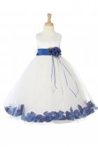 White/Royal Blue Sleeveless Satin Flower Petal Flower Girl Dress with Sash