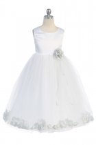 White/Silver Sleeveless Satin Flower Petal Flower Girl Dress
