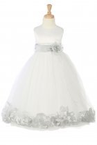 White/Silver Sleeveless Satin Flower Petal Flower Girl Dress with Sash