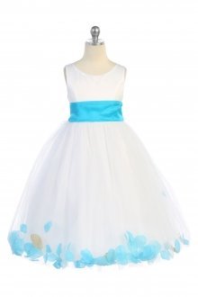 White/Turquoise Satin & Tulle Flower Girl Dress with Petals & Sash