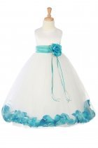 White/Turquoise Sleeveless Satin Flower Petal Flower Girl Dress with Sash